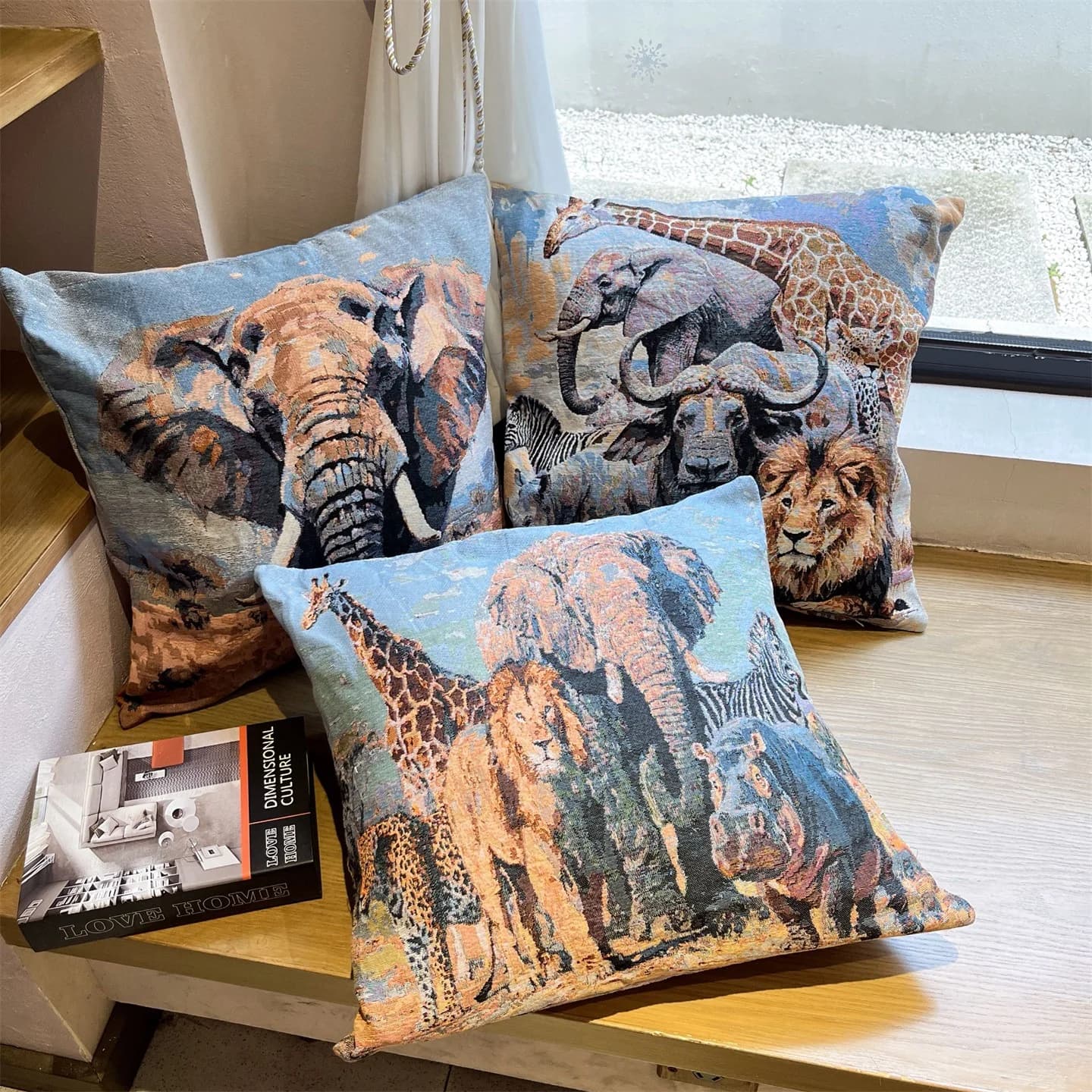 レトロ アニマルプリント クッションカバー 45x45cm コットン混紡 ソファピローケース