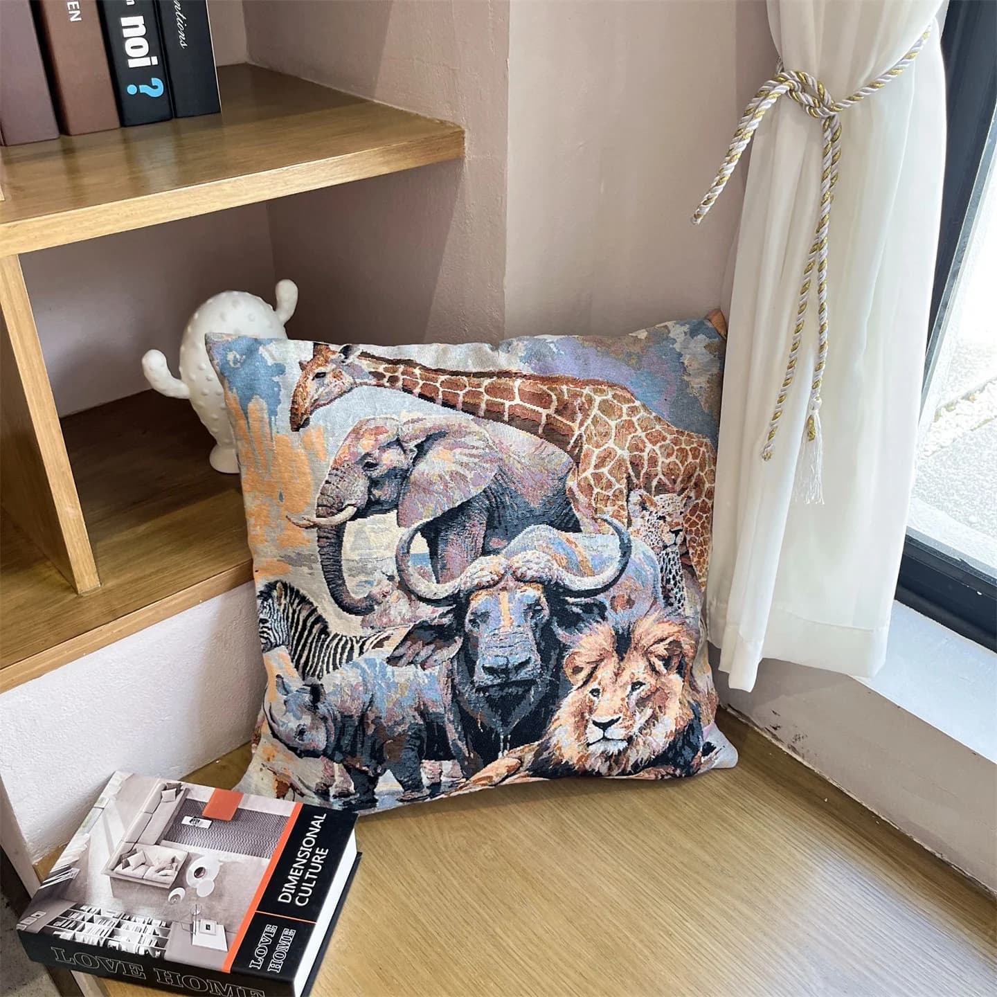レトロ アニマルプリント クッションカバー 45x45cm コットン混紡 ソファピローケース